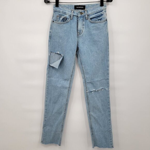 Yan13 Women Blue 100% Cotton 9" High Rise Destroyed Frayed Hem Jeans Size 26 - Picture 1 of 13
